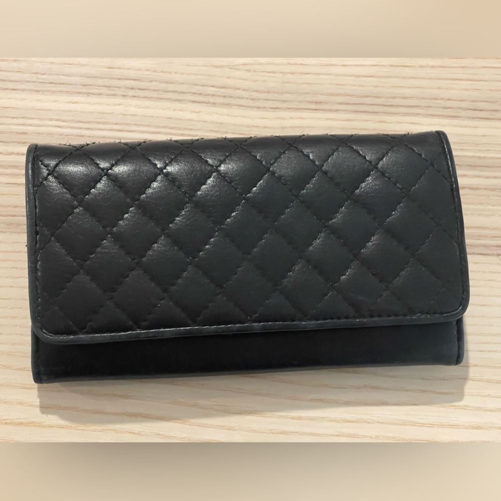Jacqueline Ferrar Black Leather Trifold Snap Long Wallet